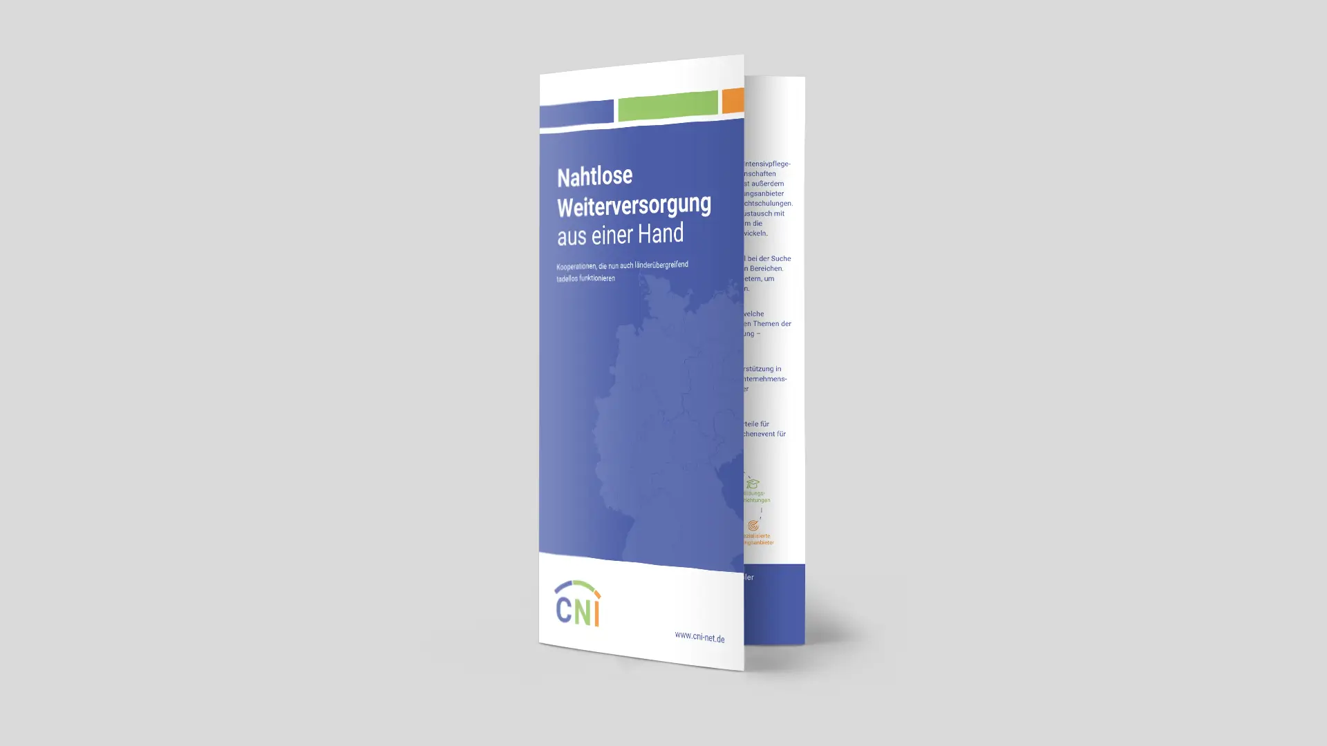 Titelbild des CNI-Flyers mit der Aufschrift ‚Nahtlose Weiterversorgung aus einer Hand‘ und dem Logo des Competenz Netzwerks außerklinische Intensivversorgung – Darstellung eines deutschlandweiten Netzwerks für Intensivpflege.